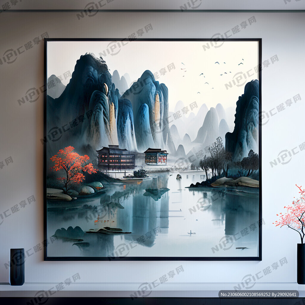 AI创作图建筑办公室山水风景挂画清新素雅企业合作nipic.com-昵图网