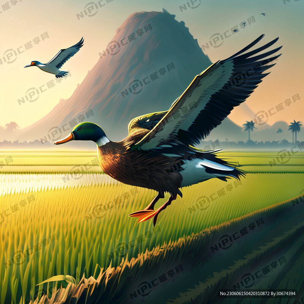 稻田里野鸭天上也有野鸭在飞