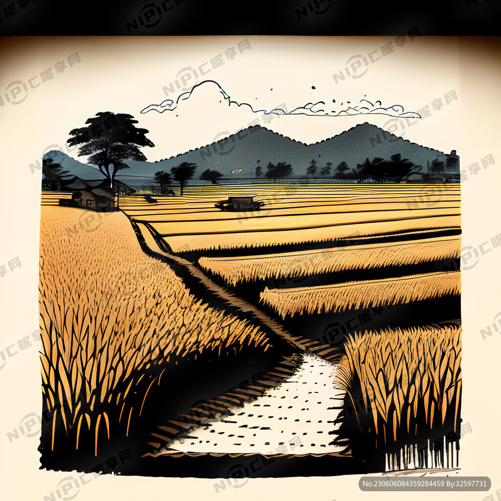 梯田稻谷成熟简笔画插画