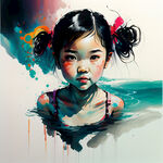一中国小女孩在五彩斑斓的海洋里游泳