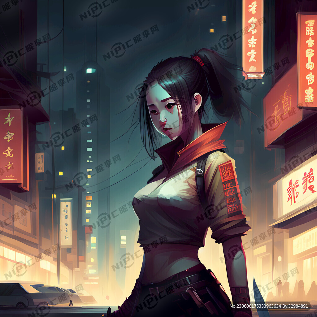 AI创作图夜晚都市带刀少女nipic.com-昵图网