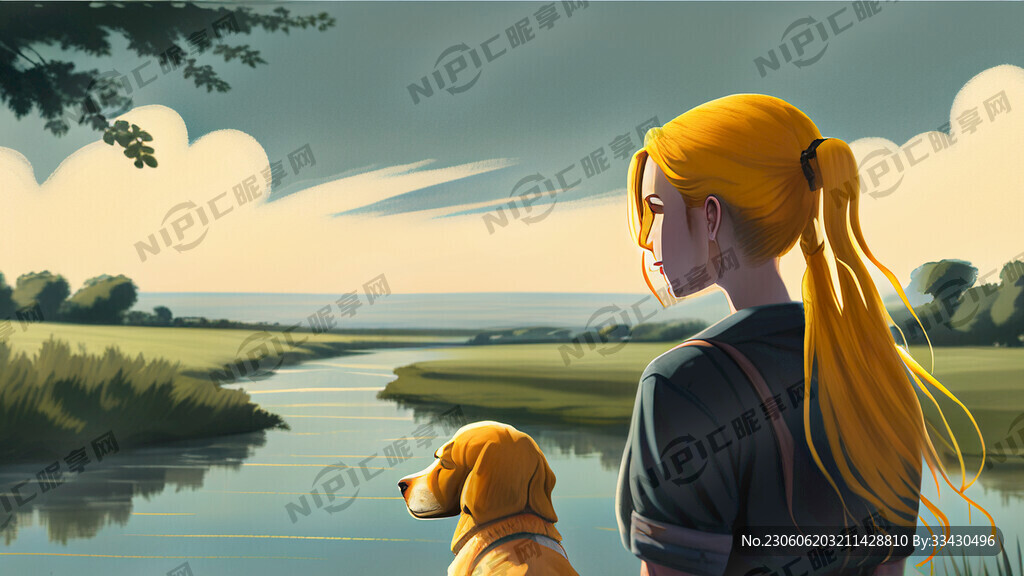 黄发女生牵着一条马里努阿犬在河
