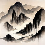 山谷，中国风，中国画，山水，水墨风格，写意，意境，高雅，高清，仙风道骨。