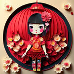 衍纸艺术，春节，可爱女孩，赛博朋克，桃花，红灯笼，高清，创意构图
