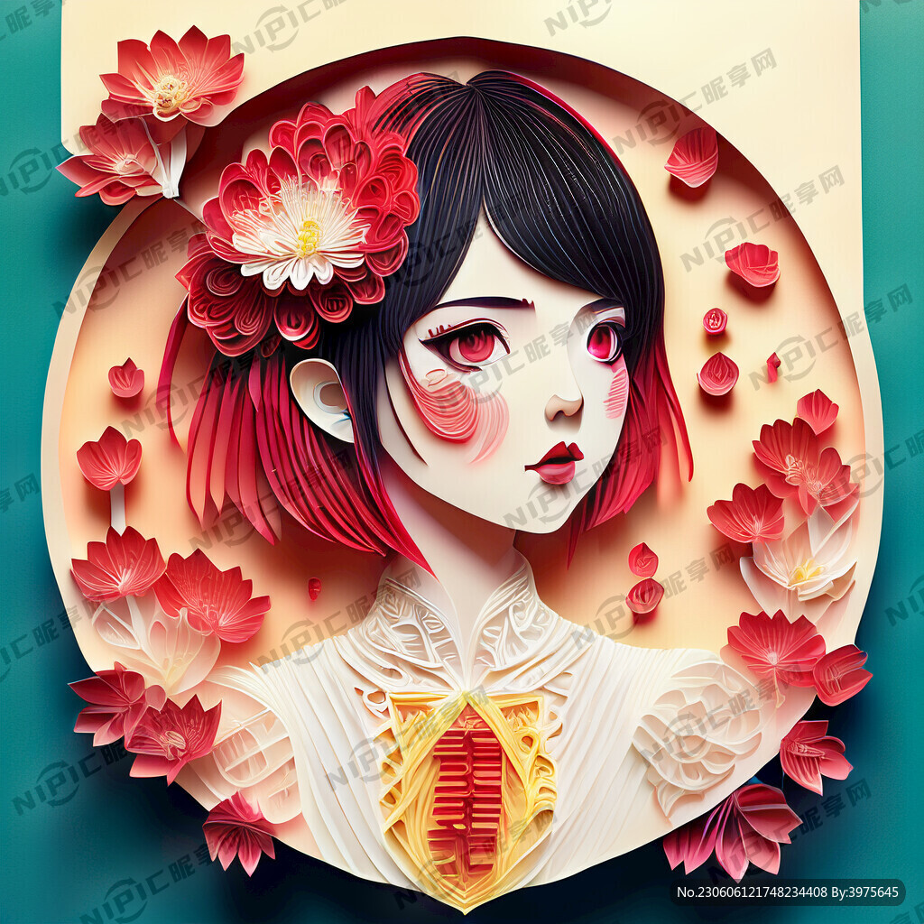 衍纸艺术 春节 可爱女孩 桃花