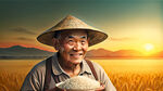 一个中国的农民爷爷，站在落日的麦田里，戴着一顶草帽，端着一碗米饭，面带微笑，超现实风格