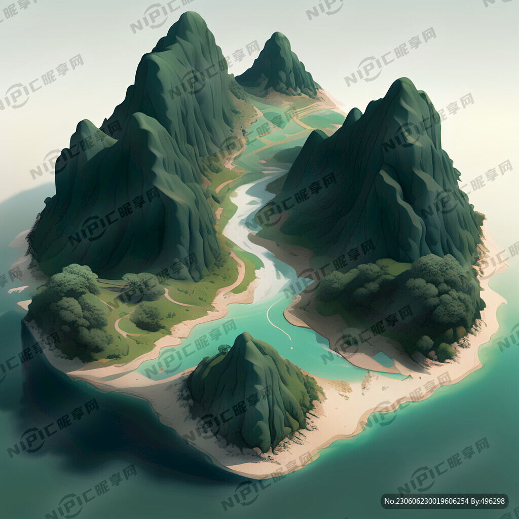 景区立体俯视图绿水青山