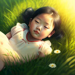 躺在草地上，小女孩，亲近大自然，阳光下，俯视角度，高清