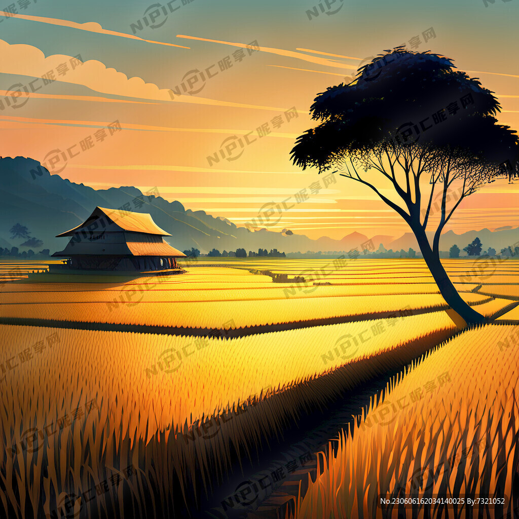 秋收稻田明亮插画