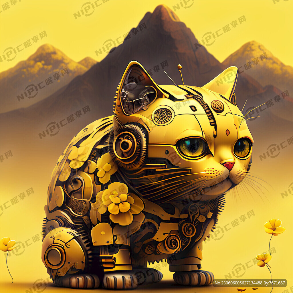 招财猫 机械感 黄色花纹 可爱