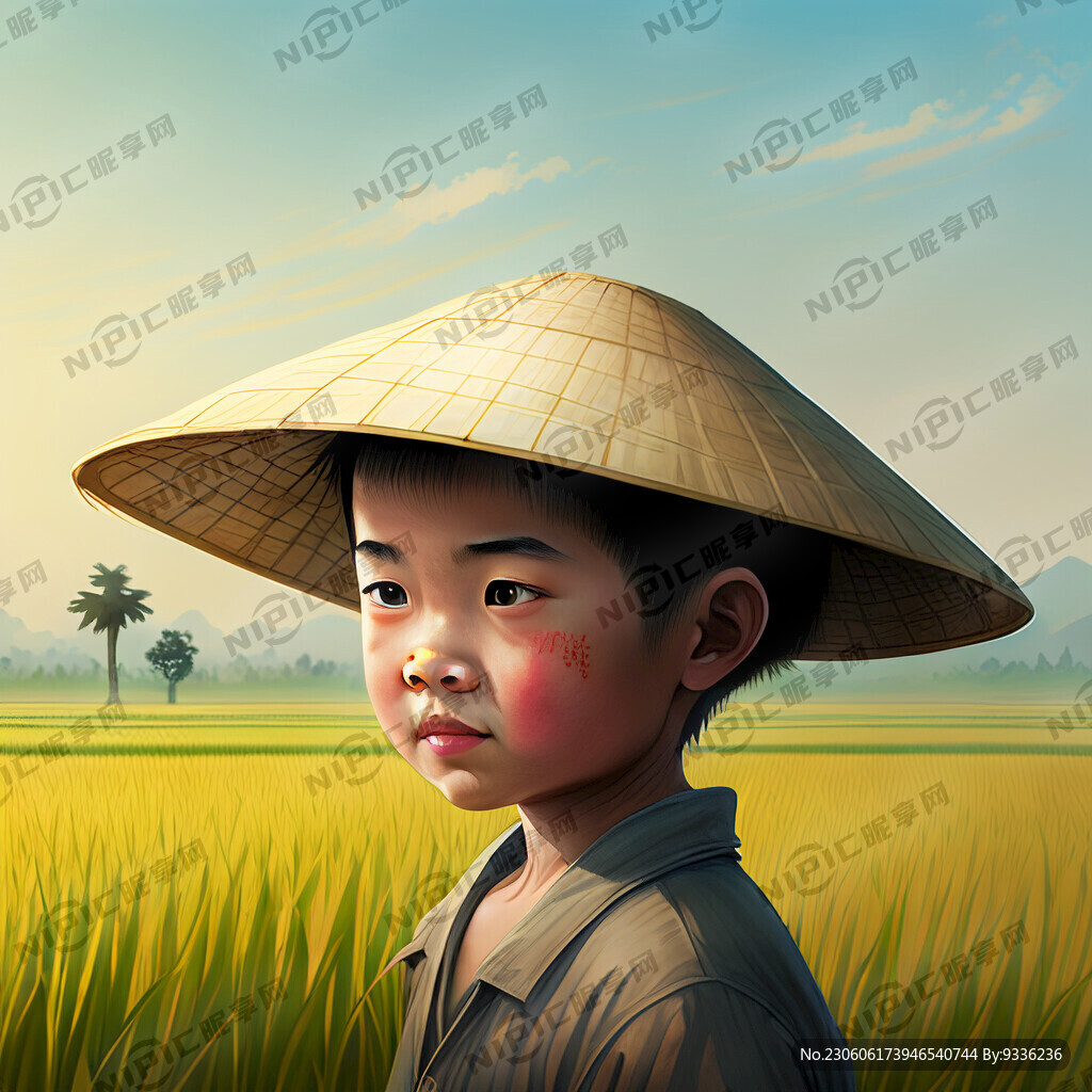稻田带草帽的男孩田园风格
