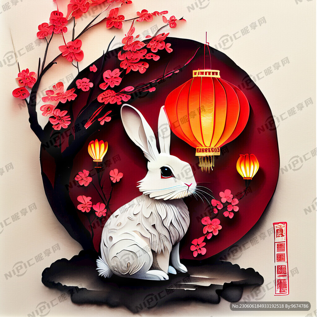 衍纸艺术 春节 可爱兔子 红梅
