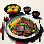 中餐，炒牛肉，蔬菜，水果，盘子，餐桌，筷子，一家人，开心，用餐