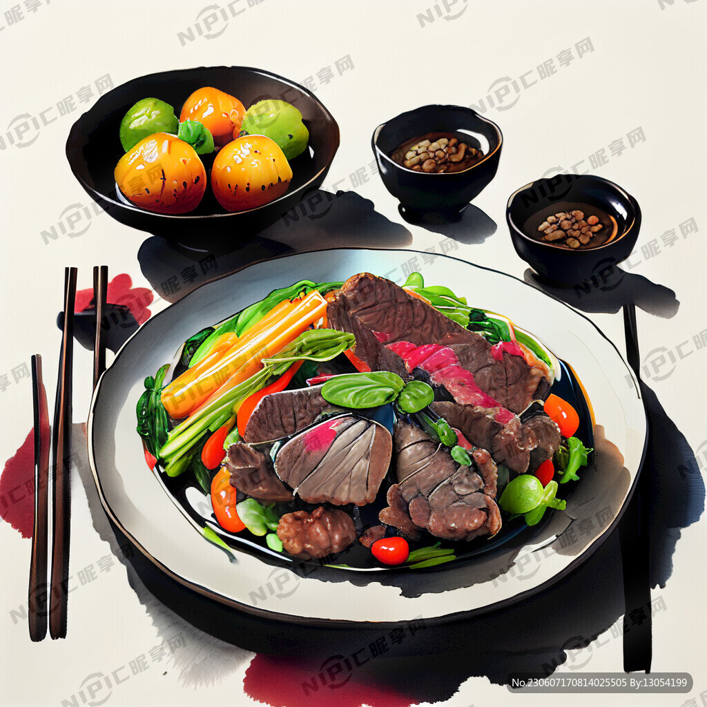 中餐 炒牛肉 蔬菜 水果 盘子