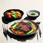 中餐，炒牛肉，蔬菜，水果，盘子，餐桌，筷子，一家人，开心，用餐