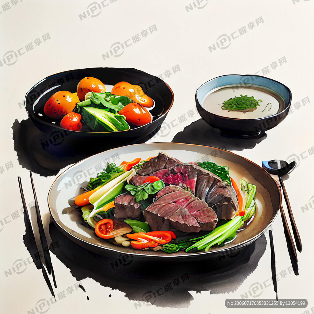 中餐 炒牛肉 蔬菜 水果 盘子