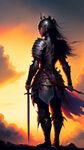 穿着盔甲的女骑士，手握长矛，背对着夕阳，身边围绕云彩