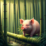 森林里的猪在树上吃竹子