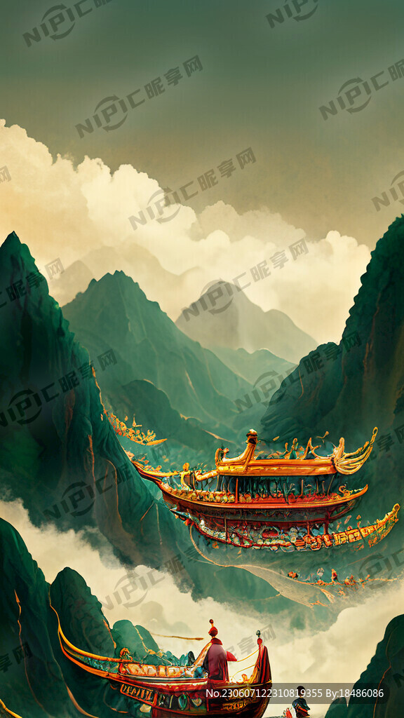 端午节龙船金色龙船青山绿水一群