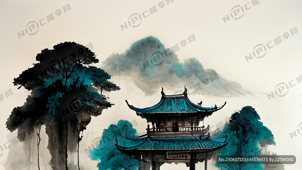 天青色 水墨 亭子 烟雨 舟
