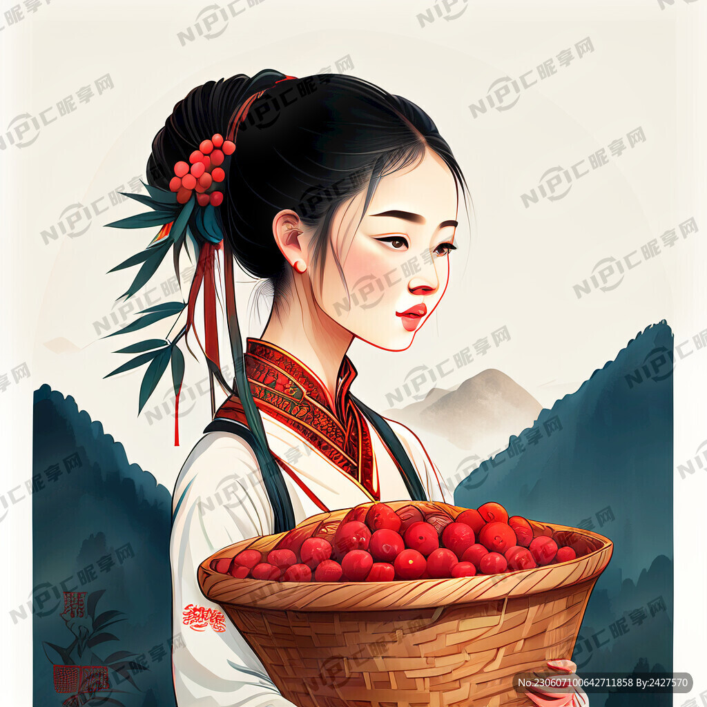 插画式美女肩膀上挎着竹篮