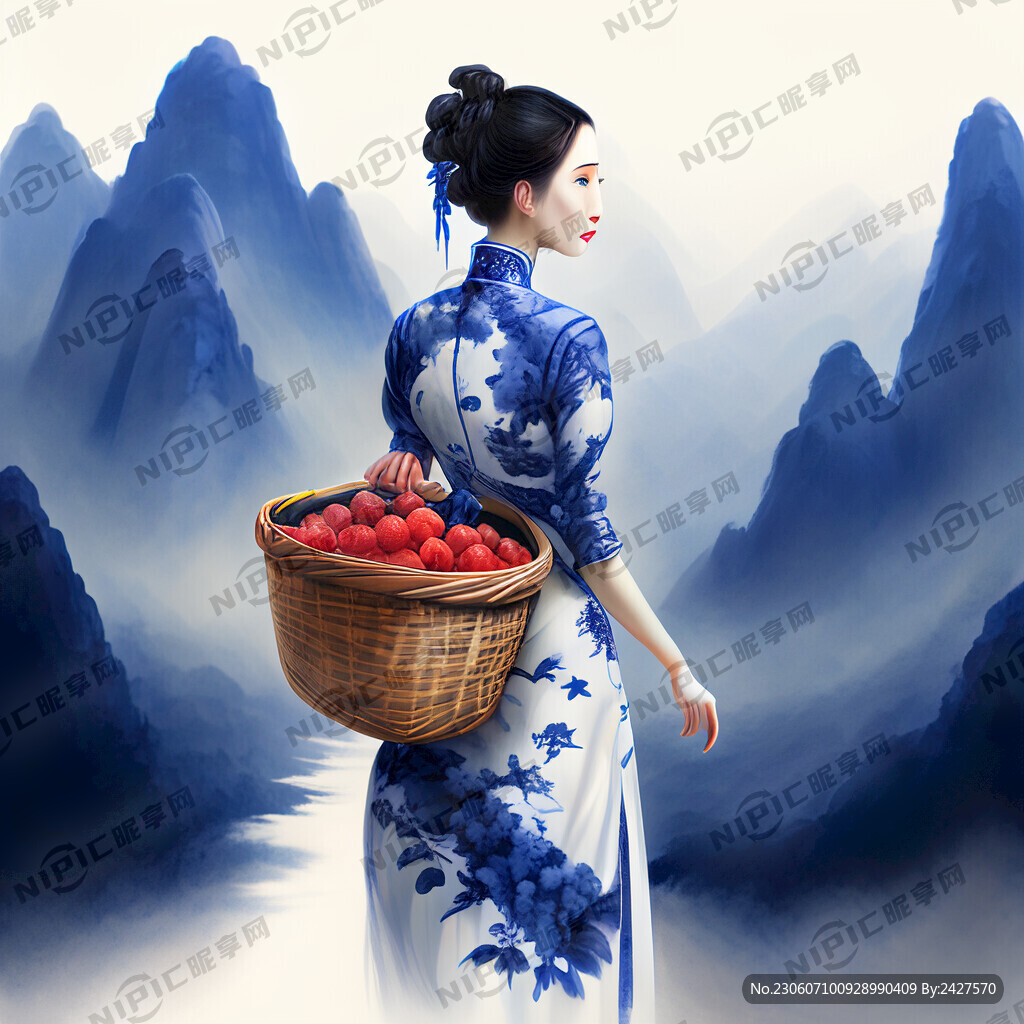 穿着青花瓷旗袍的美女背着着竹篮