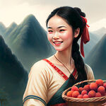 美女肩膀背着着竹篮子，面带微笑在山上采杨梅