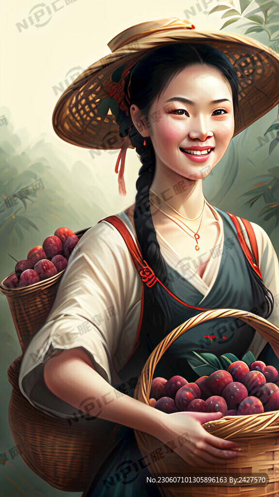 美女肩膀背着着竹篮子