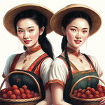 背景白色，两位美女肩膀侧挎着着竹篮子，面带微笑举着手在采杨梅