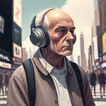 八十岁的老人站在纽约广场上头戴新款耳机