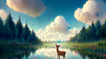 天空之城，仙境，原始森林，云彩，荷花池，有一只小鹿