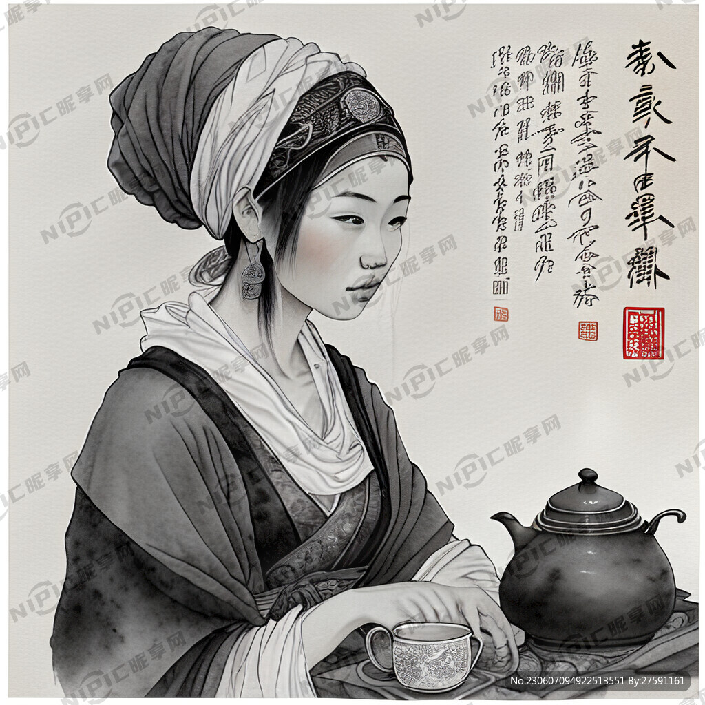 黑白画中国人带着头巾采茶。黑白