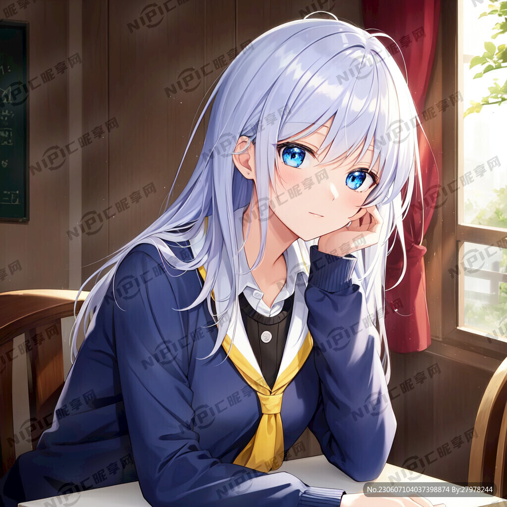 女性蓝色眼睛黄色头发身穿学校制