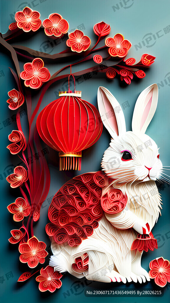 衍纸艺术 春节 可爱兔子 红梅