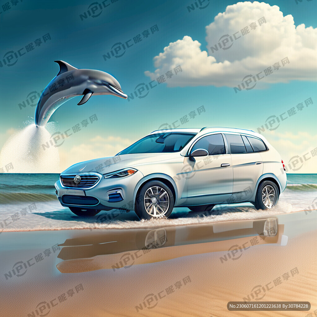 沙滩 海洋 海豚 汽车 白云