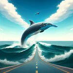 海洋里面延伸出来一条马路，海豚在海洋上方跳跃。