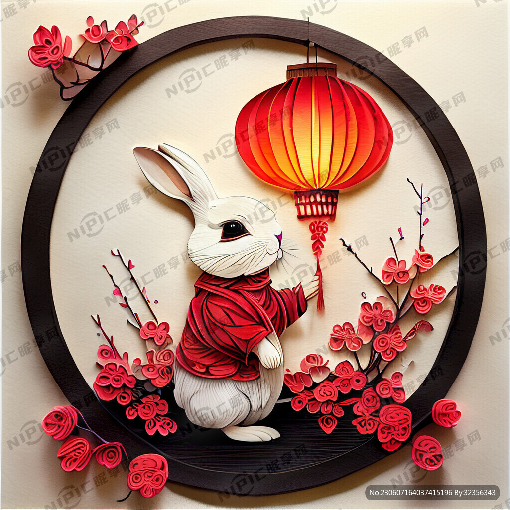 衍纸艺术 春节 可爱兔子 红梅