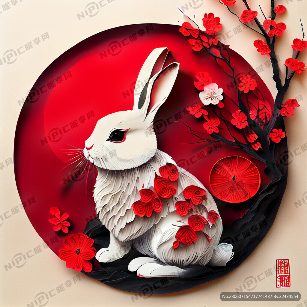 衍纸艺术 春节 可爱兔子 红梅