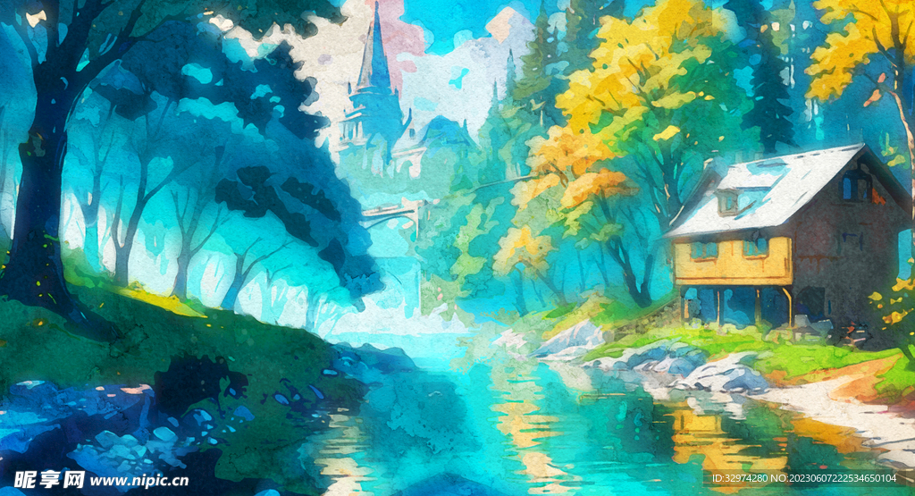 树林深处水彩画