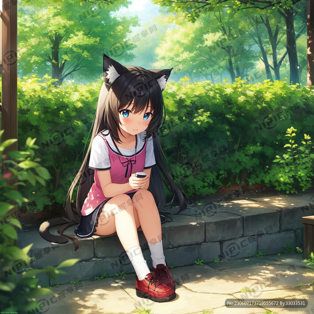 女生 猫耳 可爱 害羞 坐着