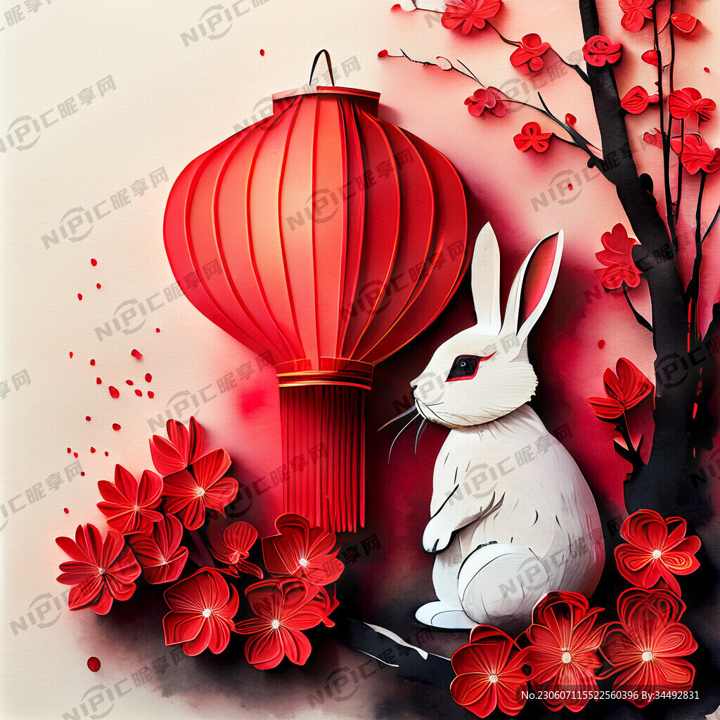 衍纸艺术 春节 可爱兔子 红梅