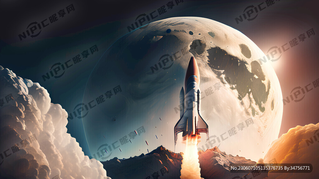 火箭从地球飞向月球 超广角