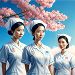 主题是护士学院毕业典礼有桃花木棉花盛开有护士背景蓝天白云为主