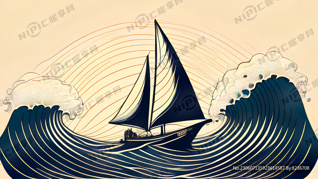 海浪帆船线稿矢量