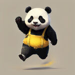 一个可爱的黑白熊猫，向前奔跑，脸露笑容，身穿吊带裤，上衣黄色