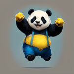 一个可爱的黑白熊猫，向前奔跑，脸露笑容，身穿蓝色吊带裤，上衣黄色，右手握着拳头