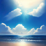 蓝天白云的大海，波光粼粼，海鸥飞舞，沙滩