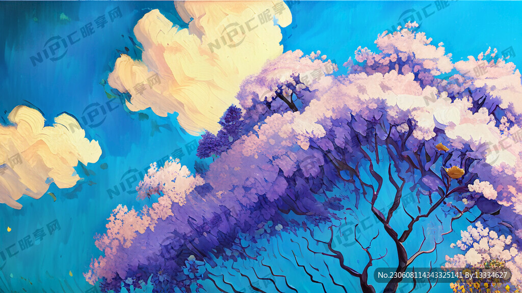 紫色蓝花楹；近景；微仰视；油画