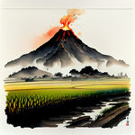 火山，热海，水稻，农田，中国风，大米包装