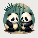 国宝熊猫，大小两只，可爱，卡通，抽象，手绘，竹子，